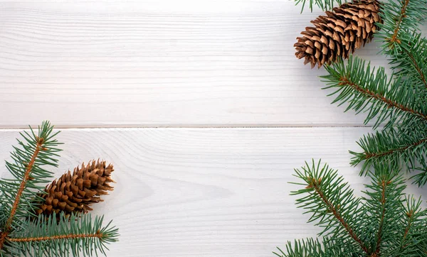 Choinka Bożonarodzeniowa Szyszkami Białej Drewnianej Desce Ksero Miejsca Tekst Sztandar — Zdjęcie stockowe