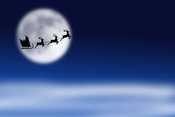 Karácsonyi Üdvözlőlap Mikulás Rénszarvas Szán Ajándék Karácsonyfa Háttérben Nagy Hold — Stock Fotó