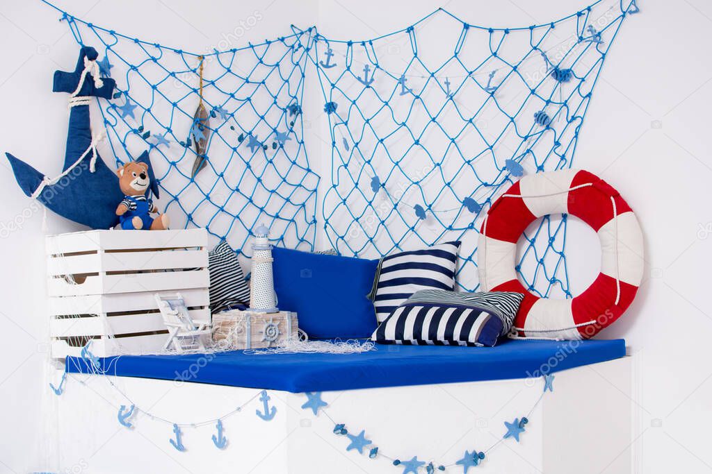 Children's sea background. Design of the maritime zone in the desk room