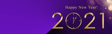 İllüstrasyon 2021 Altın saatli mutlu yıllar. Kart, el ilanı, davetiye, pankart, fiş ve pankart için şenlikli altın 2021. Uzayı metin için kopyala. Pankart