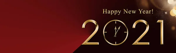 Illustration 2021 Happy New Year background with gold clock. Festive gold 2021 for card, flyer, invitation, placard, voucher, banner. Copy space for text. Banner