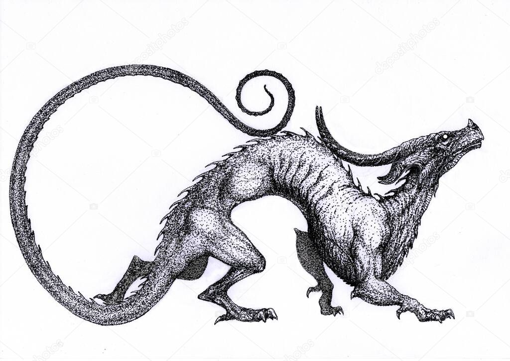 black and white dragon with arched back and long tail, horned head ready to jump