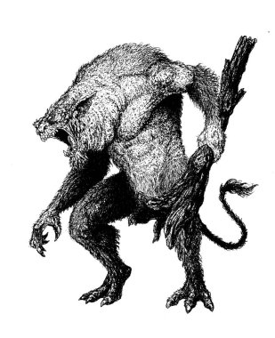 Kıllı ve kuyruklu bir deve saldırmaya hazır bir sopayla Trol Ork canavarı.