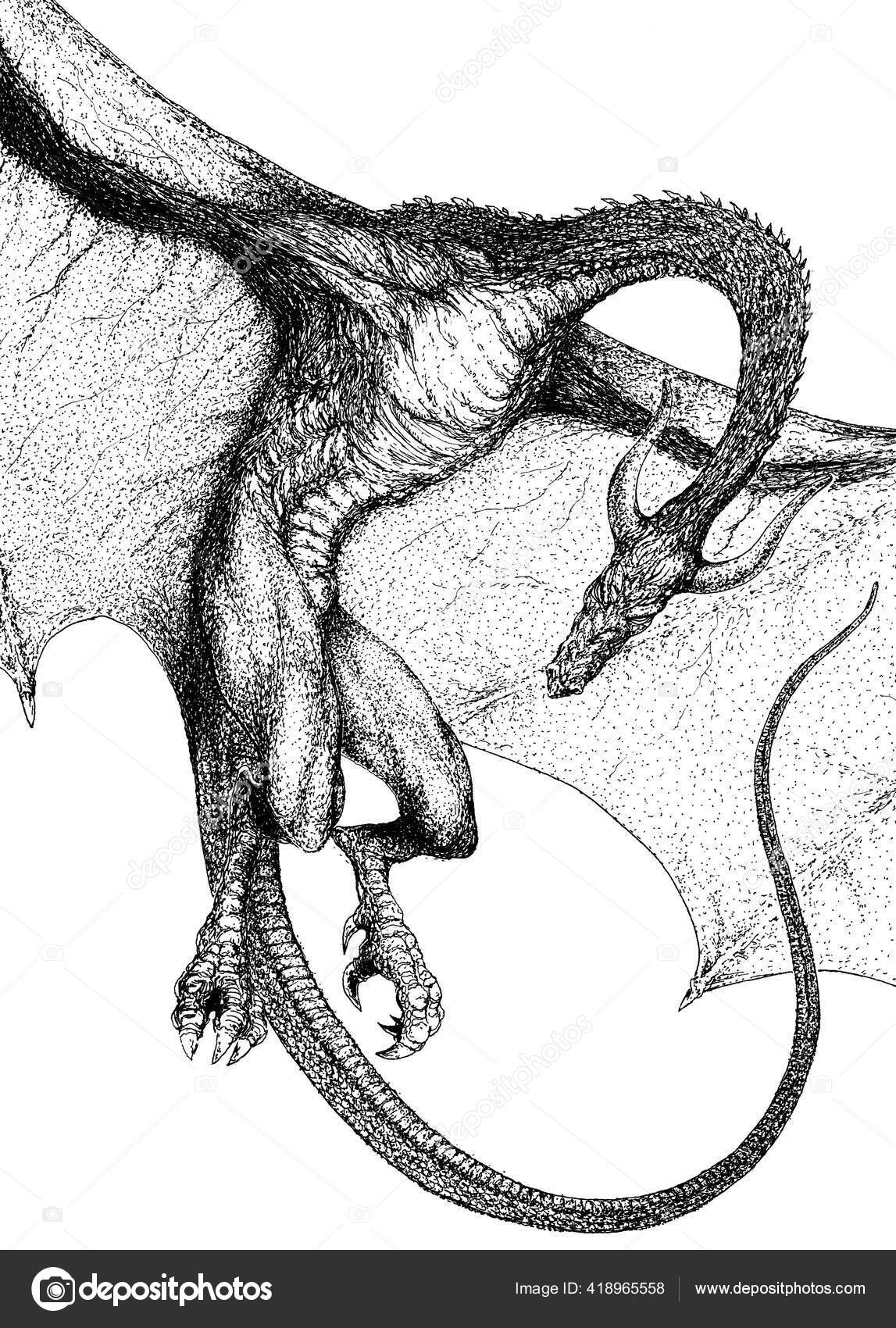 翼を広げたドラゴンは下を向いて— ストックイラストレーション by