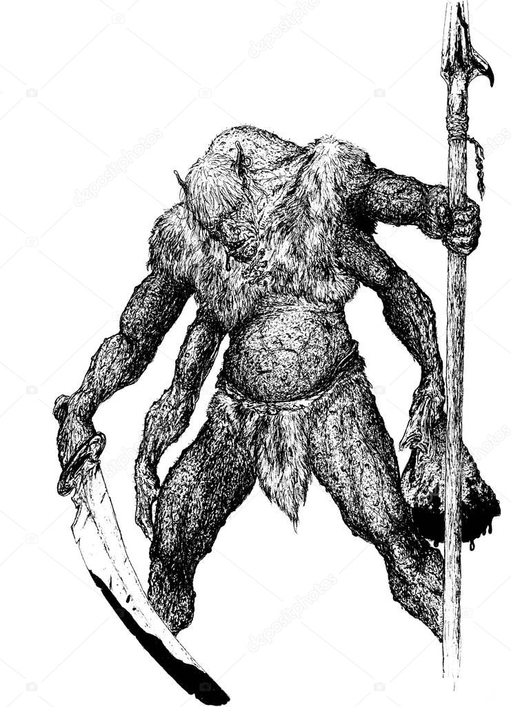 orc troll ogre with four arms sword spear and a sack from which blood flows