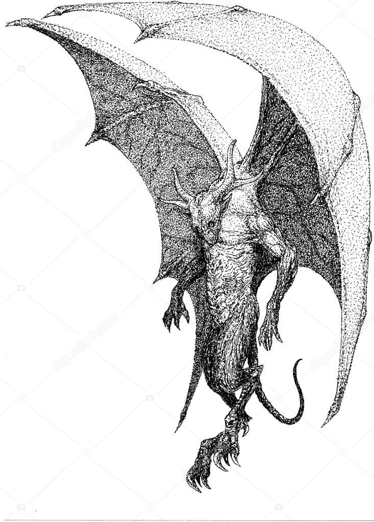 a winged demon with bat wings, tail and paws of a bird descends from a height