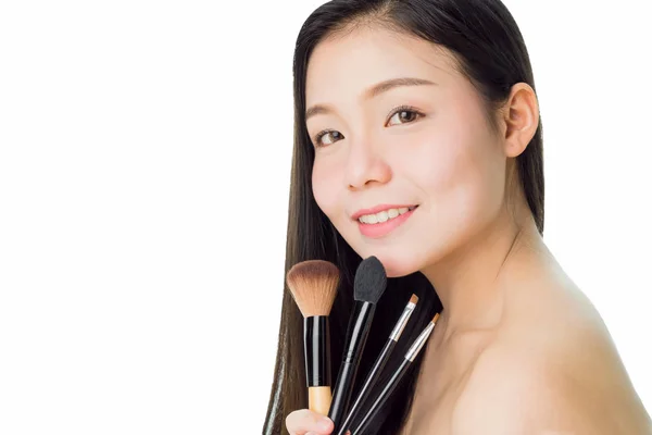Mulher Segurar Escova Blush Sorrir Beleza Pele Saúde Para Produtos — Fotografia de Stock