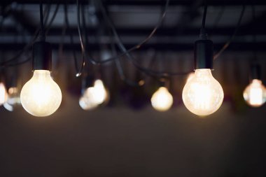 seçici odak ampul Restoran tavanda asılı. Dekorasyon büyüme kavramı ortaya koymaktadır. Vintage sesi