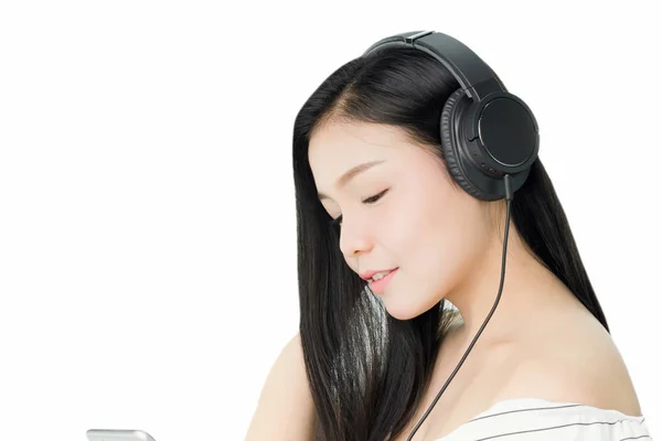 Asian Women Listening Music Black Headphones Comfortable Good Mood White — Stock Photo, Image