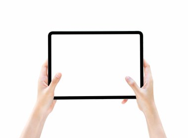 Tablet boş ekran izole tutan el. Senin ekran reklam koymak için almak.