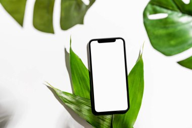 Masadaki boş akıllı telefon ekranı, ürünlerinizi tanıtmak için sahtedir. Bilgiye kolay erişim için gelecek kavramı ve trend internet.