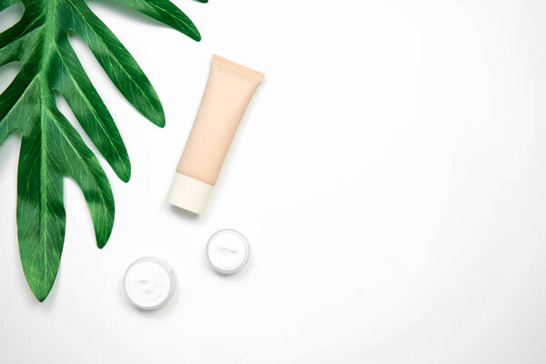 Макет флакона косметического крема, упаковки этикетки Blank и ингредиентов на зеленом фоне листьев. Концепция натуральной косметики
.
