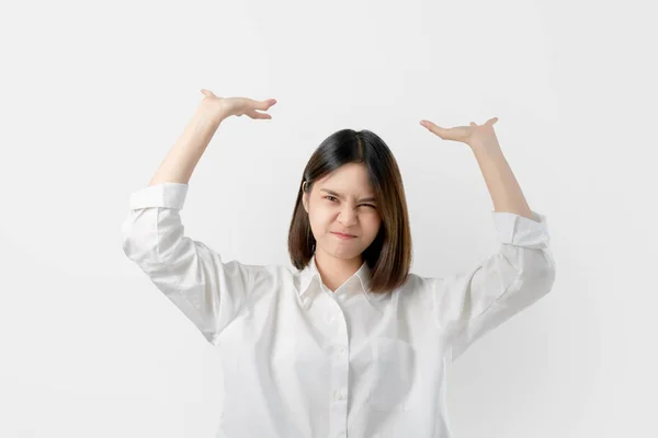 Beyaz Rahat Giysi Girişimi Genç Asyalı Kadın Yukarıdan Ağır Bir — Stok fotoğraf