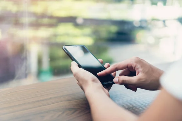 Man Hand Using Black Smartphone Blank Screen Isolated Take Your — Stock Photo, Image