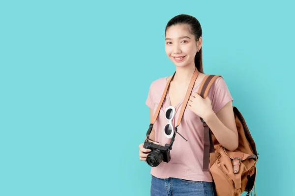 Retrato Sonrisa Feliz Mujer Asiática Listo Para Viajar Turismo Vacaciones — Foto de Stock