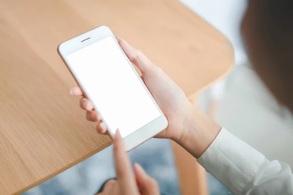 Woman Hand Holding Smartphone Blank Screen Table Cafe Take Your — Stock Photo, Image