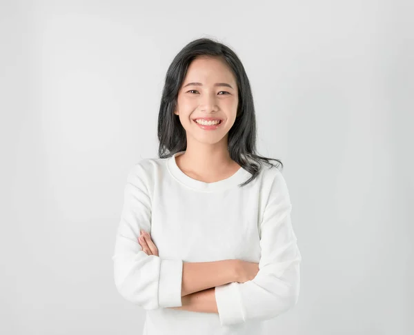 Cheerful Beautiful Asian Woman Stand Crossed Arms Gray Background — Stock Photo, Image