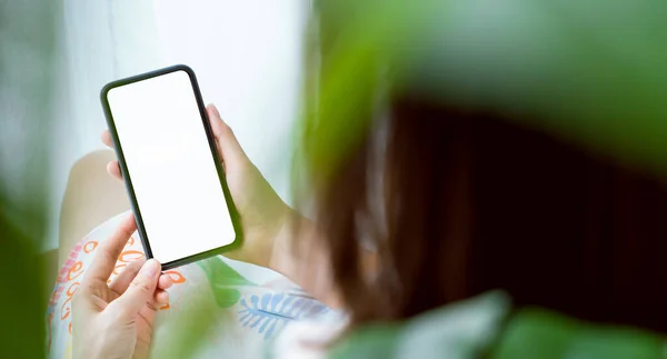 Hand Holding Smartphone Mockup Blank Screen Table Take Your Screen — Stock Photo, Image