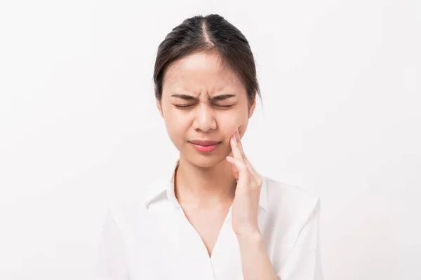 Обличчя Азіатки Пальцем Торкається Щоки Можливо Через Зубний Біль — стокове фото