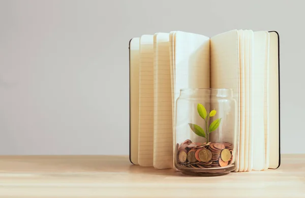 Moedas Uma Garrafa Árvore Verde Com Fundo Livro Sobre Mesa — Fotografia de Stock