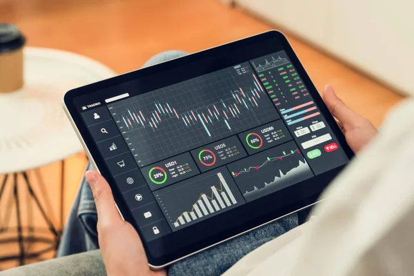 Stock Exchange Market Concept Hand Trader Touch Digital Tablet Graphs — Stock Photo, Image