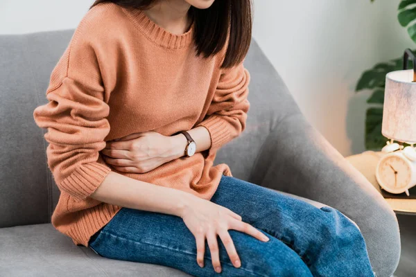 Young Asian Woman Hands Holding Stomach Pain Period Cramps Because Stock Picture