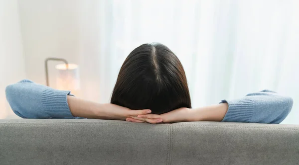 Back View Woman Resting Comfortably Relaxing Sofa Work Home Stock Image