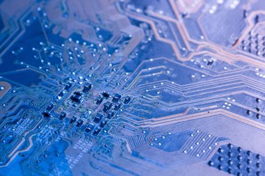 Elektronik devre kartı arka planı, yakın plan fotoğrafı.
