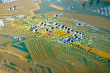 Elektronik devre kartı arka planı, yakın plan fotoğrafı.
