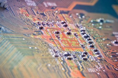 Elektronik devre kartı arka planı, yakın plan fotoğrafı.