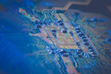 Elektronik devre kartı arka planı, yakın plan fotoğrafı.
