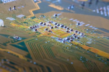 Elektronik devre kartı arka planı, yakın plan fotoğrafı.
