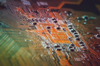Elektronik devre kartı arka planı, yakın plan fotoğrafı.