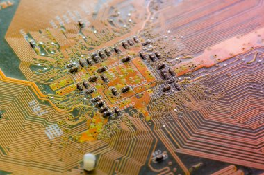 Elektronik devre kartı arka planı, yakın plan fotoğrafı.
