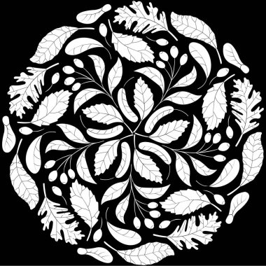 Sonbahar yapraklı mandala siyah beyaz vektör