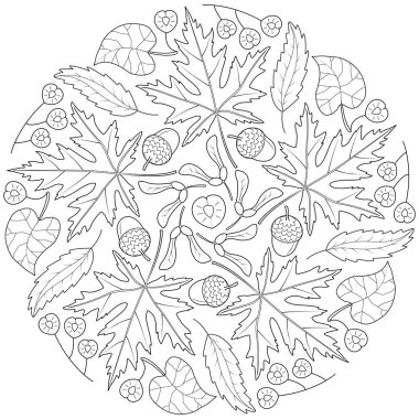 Sonbahar yapraklı mandala siyah beyaz vektör