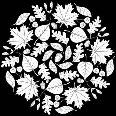 Sonbahar yapraklı mandala siyah beyaz vektör