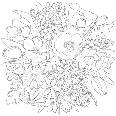Bahar çiçekleri siyah-beyaz vektör çizimi
