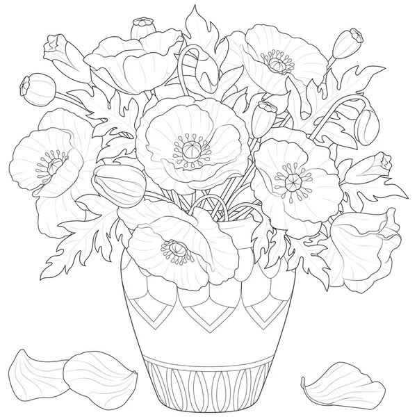 Flores Papoula Vaso Vetor Preto Branco — Vetor de Stock