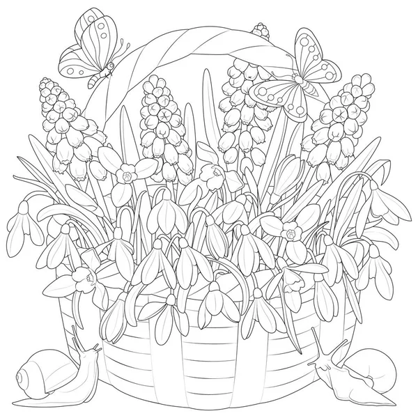 Spring Flowers Basket Black White Vector — Stock Vector