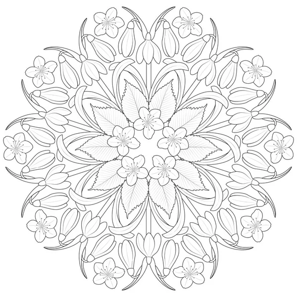 Spring Flower Mandala Black White Vector — Stock Vector