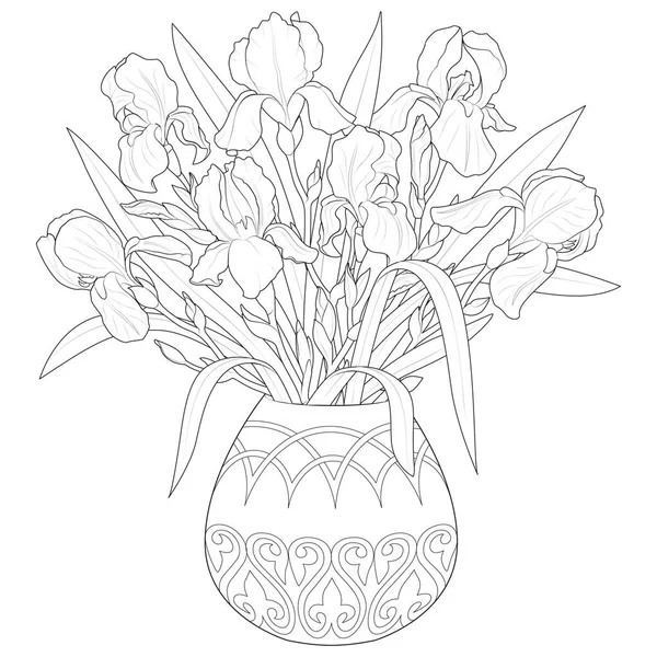 Vase Avec Iris Vecteur Noir Blanc — Image vectorielle