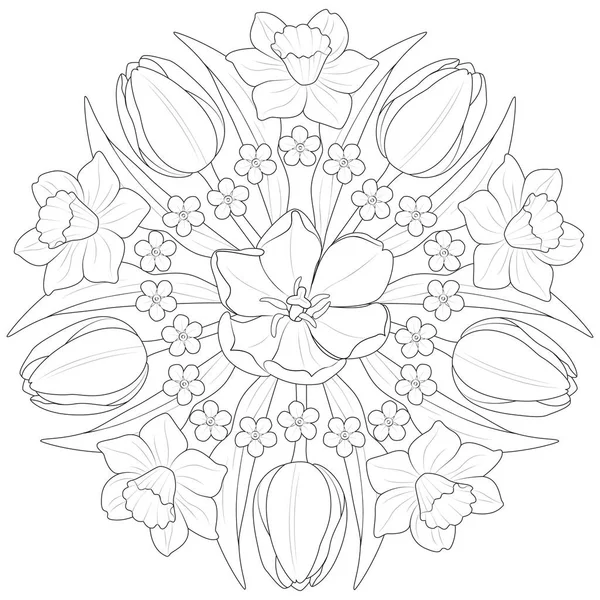 Spring Flower Mandala Black White Vector — Stock Vector