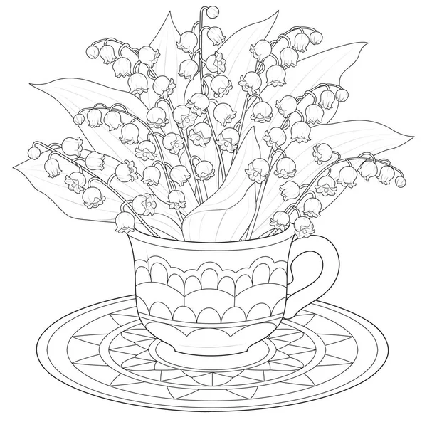 Bouquet Lys Vallée Dans Une Tasse Illustration Vectorielle Noir Blanc — Image vectorielle