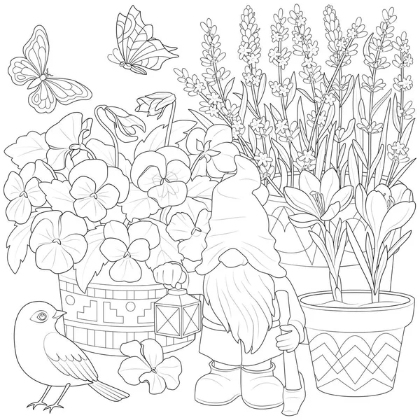 园中的侏儒 鸟类和花朵 黑色和白色病媒 — 图库矢量图片