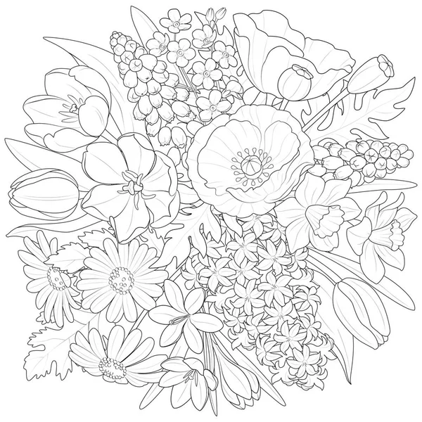 春の花の花束黒と白のベクトルイラスト — ストックベクタ