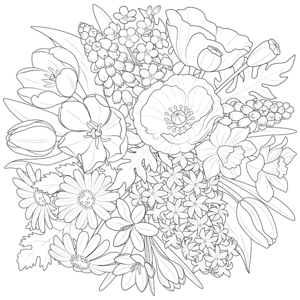 Boeket Van Lente Bloemen Zwart Wit Vector Illustratie — Stockvector