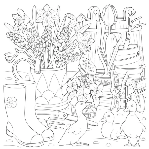 Jardín Primavera Con Patitos Vector Blanco Negro — Vector de stock