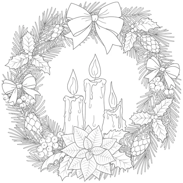 Christmas Wreath Three Candles Black White Vector Illustration — Stock Vector