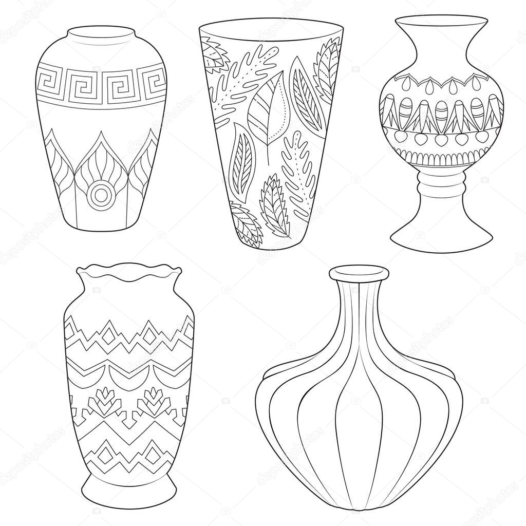 Vases black and white illustration vector set